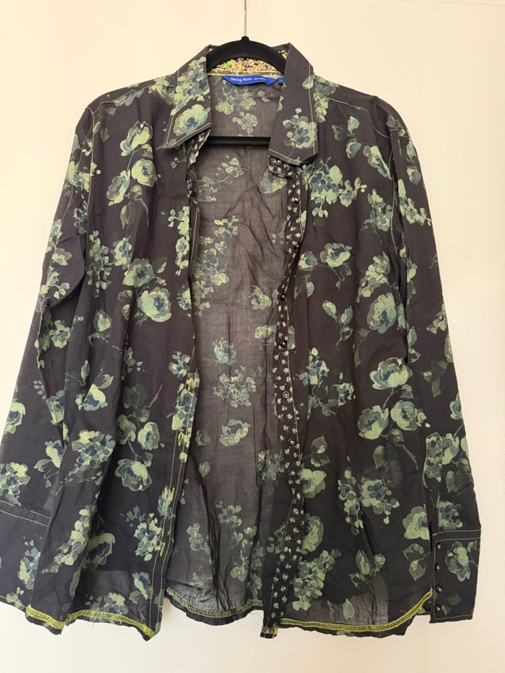 Men's Black Floral Dress Shirt - Green Print